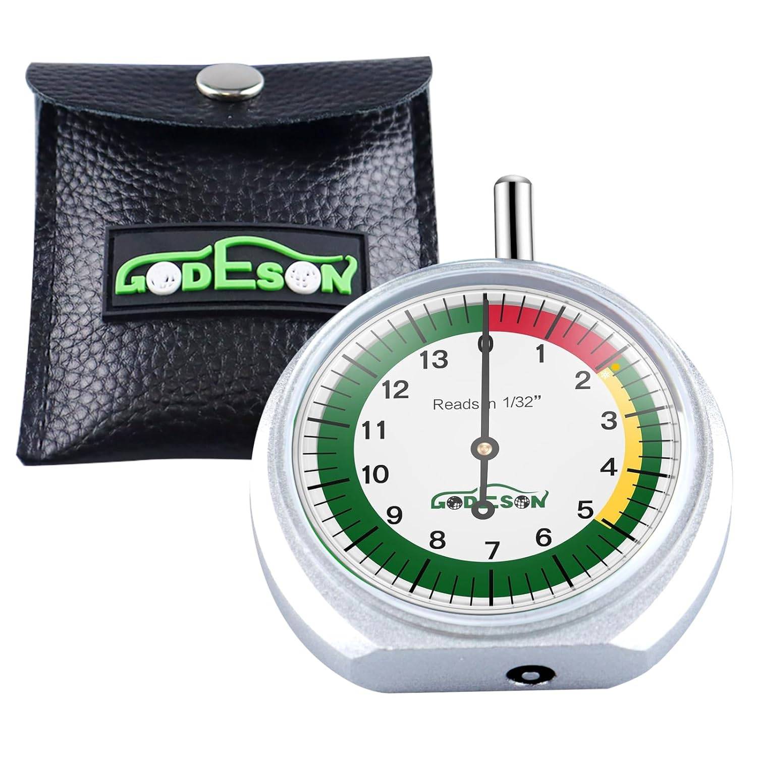 GODESON Tire Tread Depth Gauge,Dial Type Tire Depth Gauge in 32nds,Color-Coded and Easy Reading Tread Depth Gauge Professional for Motorcycle, Car,Truck and Bus, Silver Powder-Coated Zinc Alloy Casing