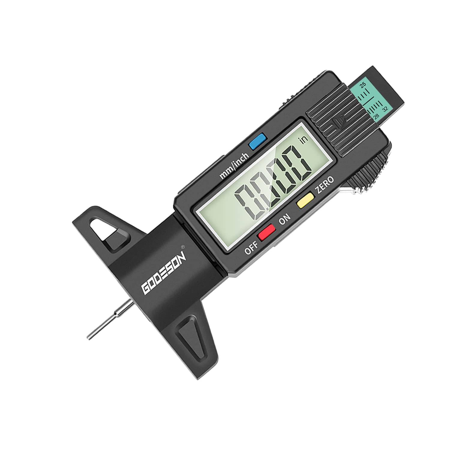 Gasso di profondità del battistrada dei pneumatici di Godeson, misurazione della profondità del battistrada per pneumatici digitali in 1 pollice/25,4 mm con barra con codice colore, manometro per la profondità dei pneumatici di lettura facile per a