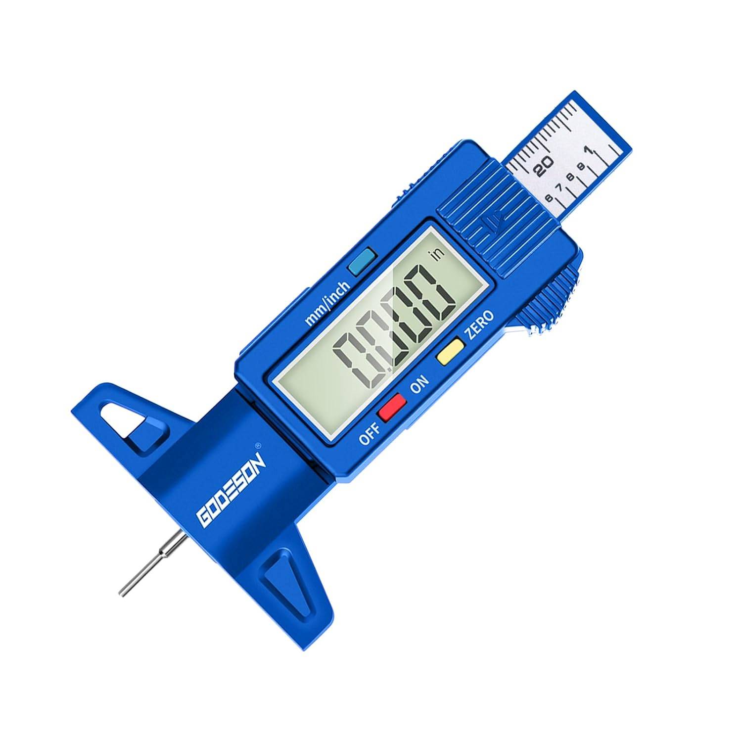 Gade di profondità del battistrada per pneumatici di Godeson, 1 pollice/25,4 mm, display LCD di grandi dimensioni, adatto a tutti i pneumatici per veicoli - blu