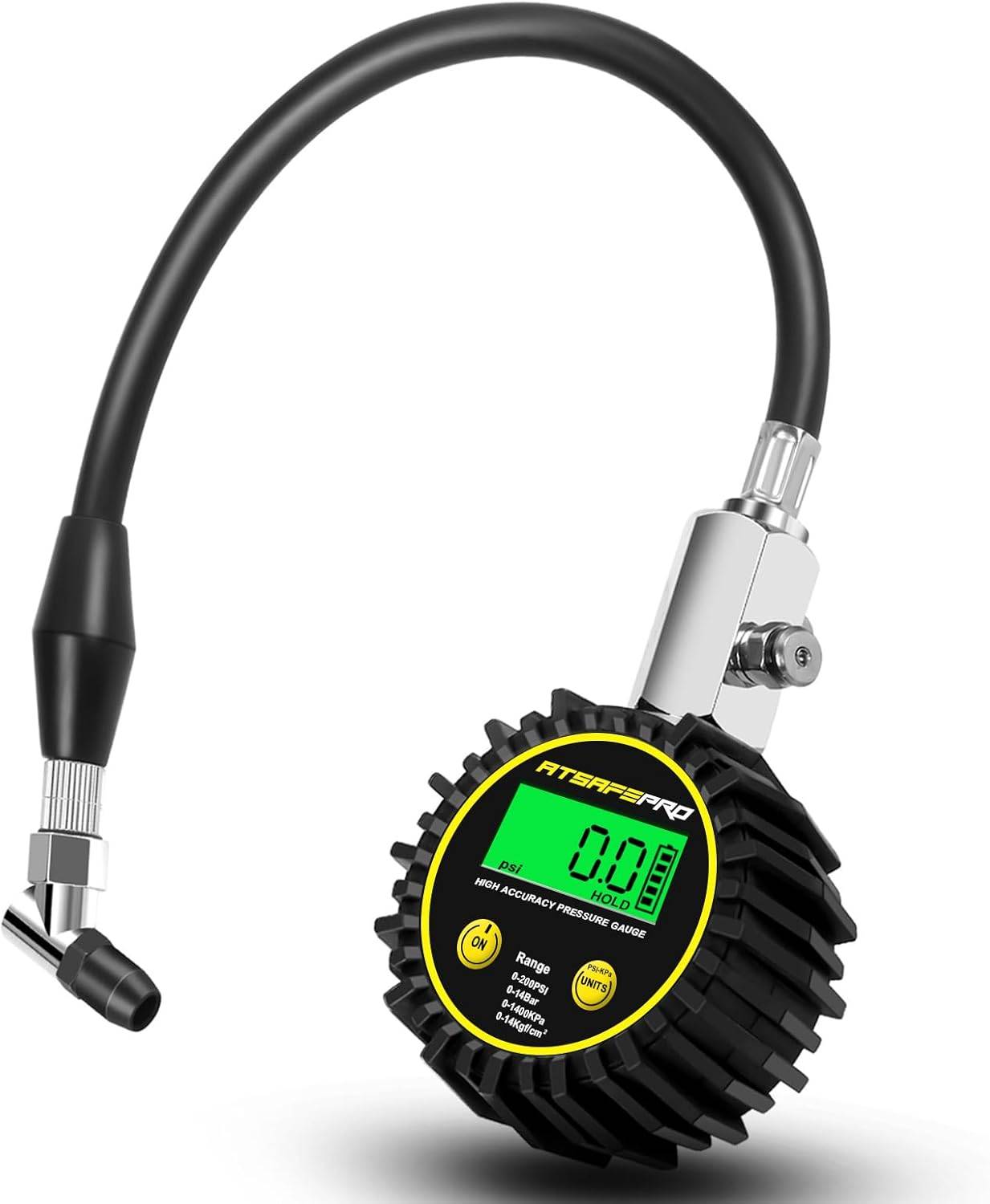 Manómetro de presión de neumático digital, medidor de presión de neumáticos Atsafepro con manguera flexible y chuck en ángulo, manómetro para automóviles, medidor de presión de aire - precisión profesional - 200 psi