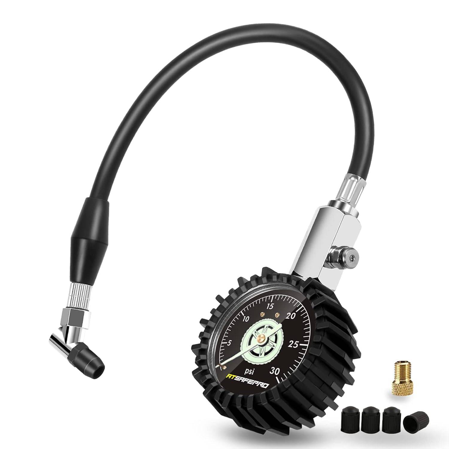 Gauge de pneus à basse pression à 30 psi, jauge mécanique de pneus de 2,5 ”avec tuyau flexible et mandrin incliné, Gauge de pression de lair analogique dans lobscurité pour VTT, hors route, tondeuse à gazon, etc.