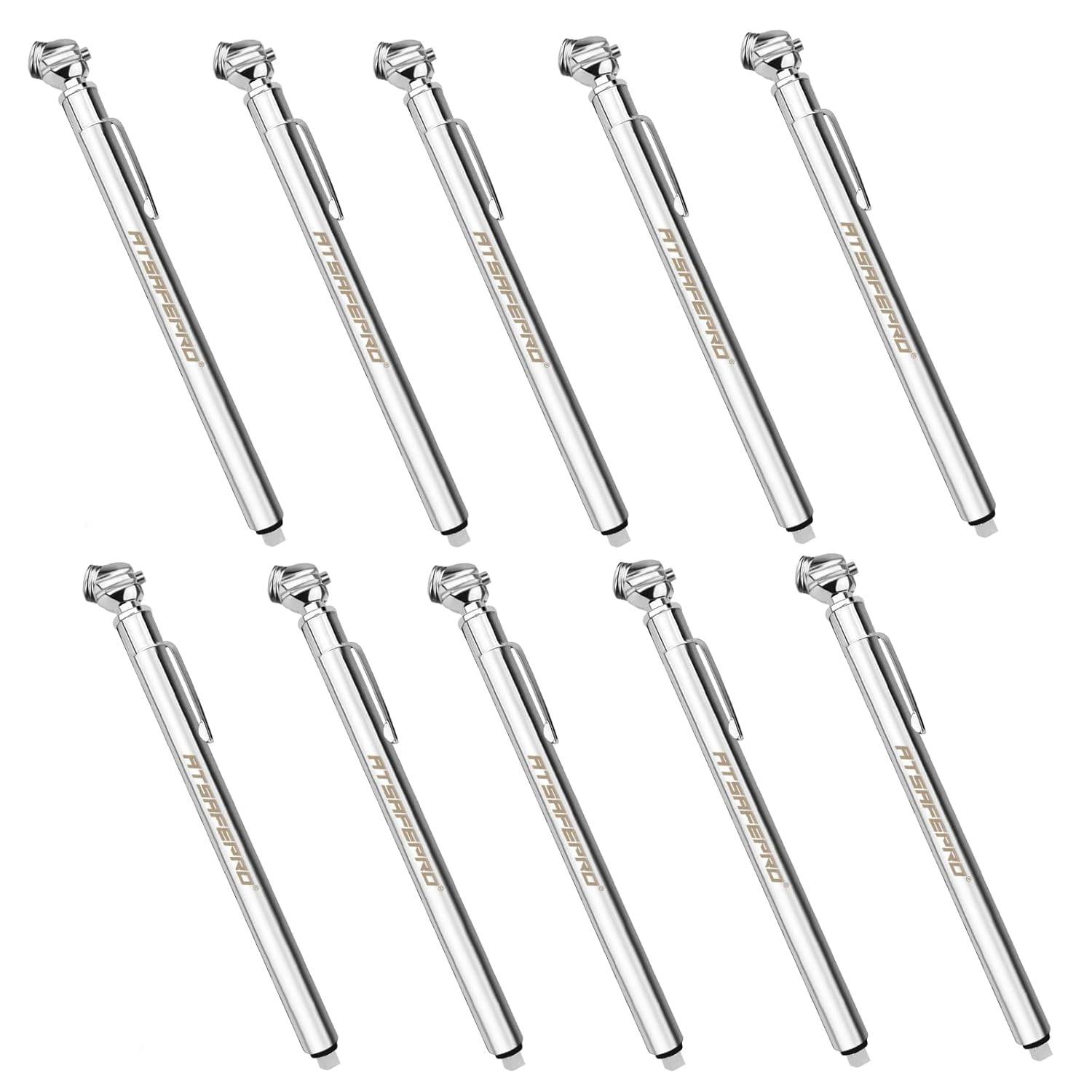 Pencil Tire Pressure Gauge (5-50PSI&10-75PSI), Tire Pressure Gauge with Sealed Zinc Alloy Nozzle and Silvery Aluminum Tube Body, Tire Gauge Suitable for Cars, Bikes, Trucks(Pack of 10)