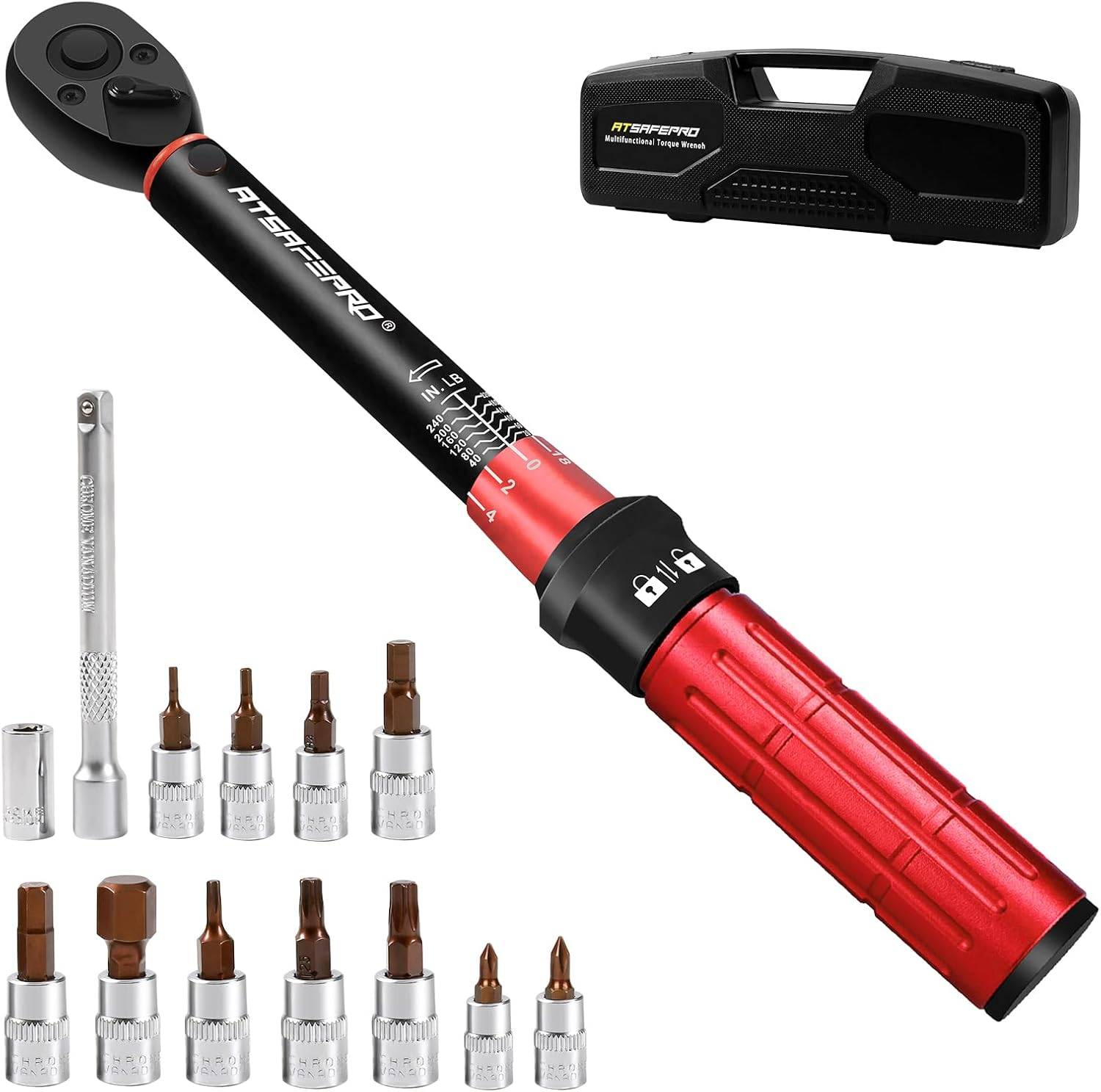 Inch Pound Torque Wrench-20-240 in.lb/2.3-27.1 Nm,1/4 Torque Wrench for Bike, Bicycle Maintenance,14-Piece Bike Torque Wrench Set,1/4 inch torque wrench-Dual Range Scales and Dual-Direction