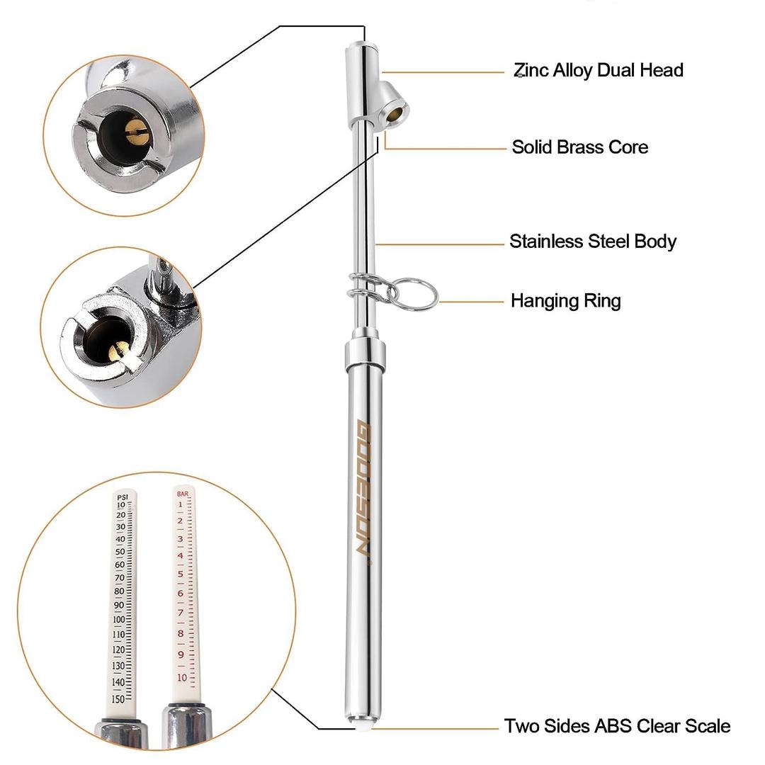 GODESON Dual Head Tire Pressure Gauge,Heavy Duty Tire Pressure Gauge Range 10-150PSI; 1-10Bar,Dual Head Truck Air Pressure Gauge